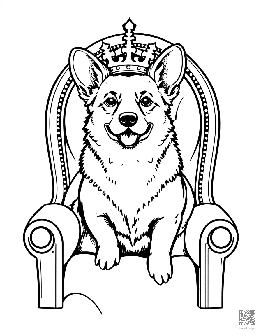 corgi sitting on a throne like a king coloring page Stipple style - free printable