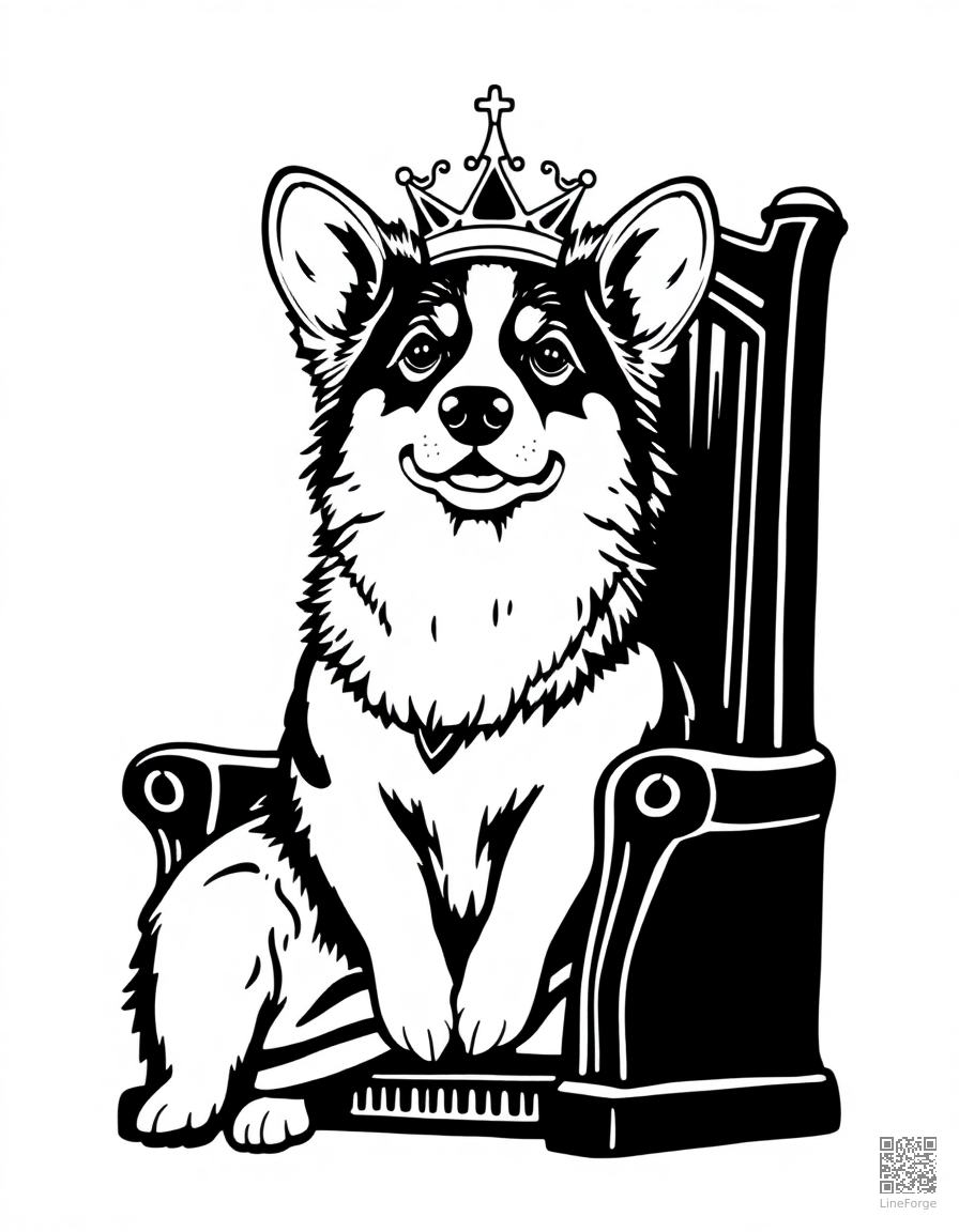 corgi sitting on a throne like a king coloring page Woodcut style - free printable