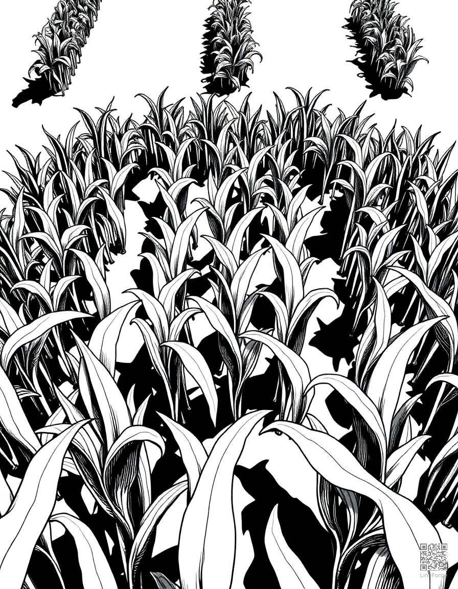 Free corn maze from above coloring page in crosshatch style — printable line art
