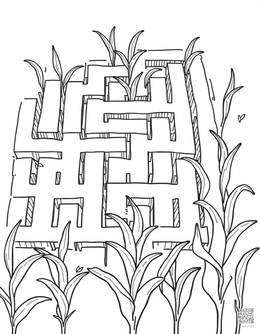 Free corn maze from above coloring page in minimal style — printable line art