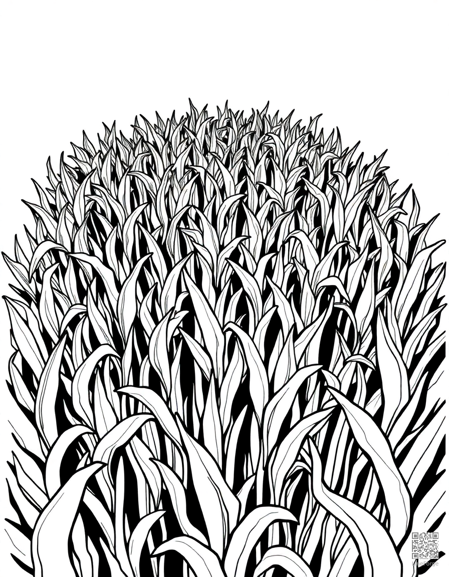 Free corn maze from above coloring page in woodcut style — printable line art