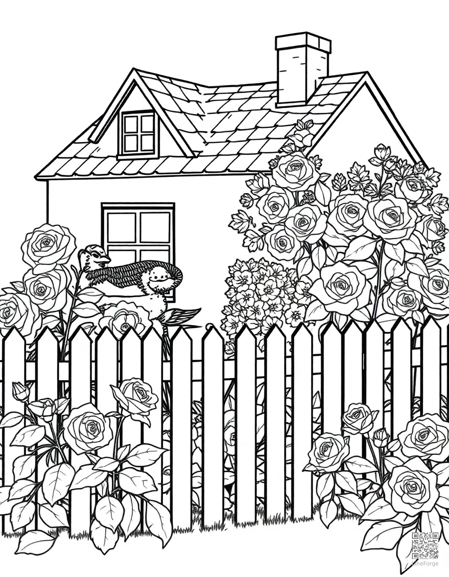 Cottage garden with roses and a picket fence coloring page Contour style - free printable