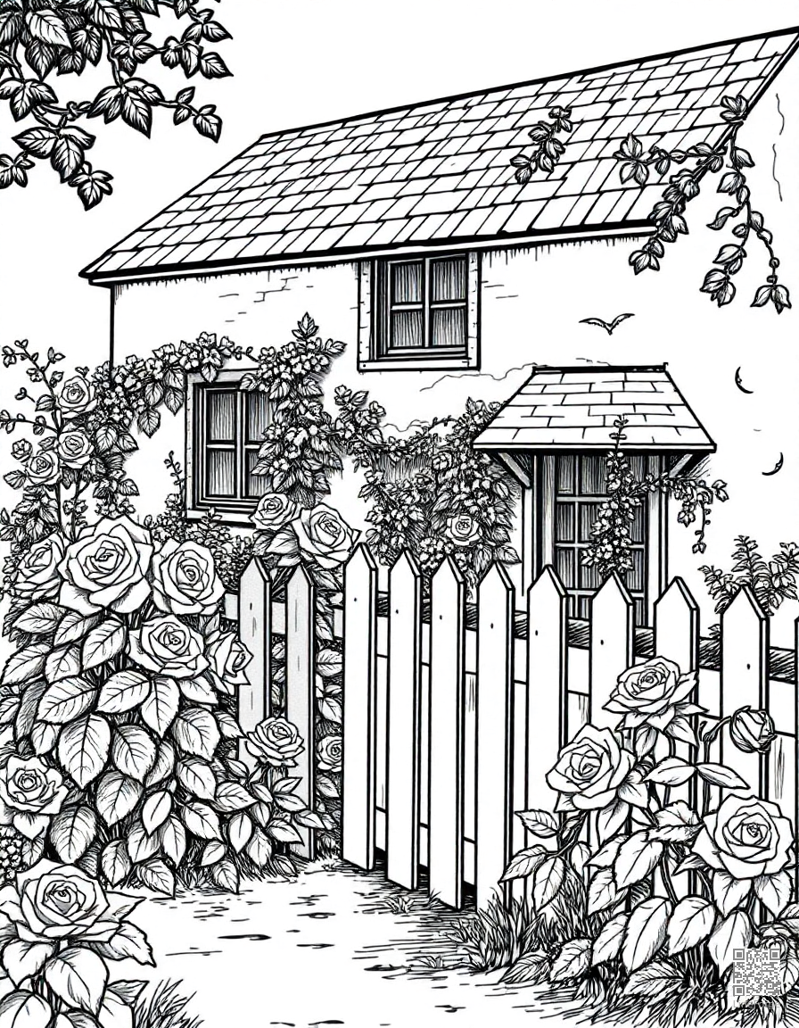 Cottage garden with roses and a picket fence coloring page Crosshatch style - free printable
