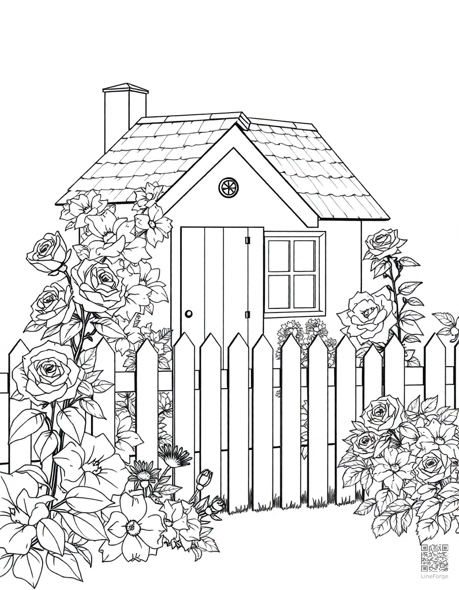 Cottage garden with roses and a picket fence coloring page Manga style - free printable