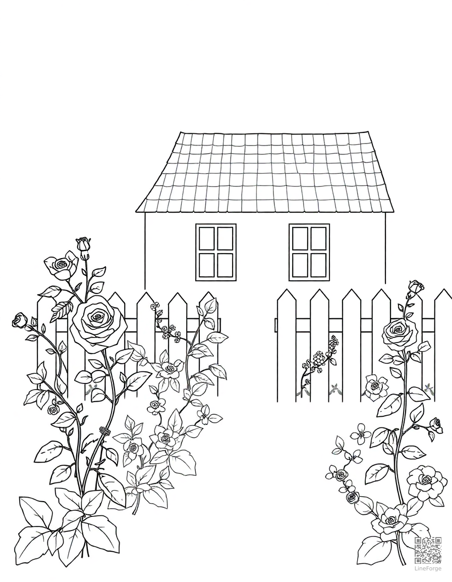 Cottage garden with roses and a picket fence coloring page Minimal style - free printable