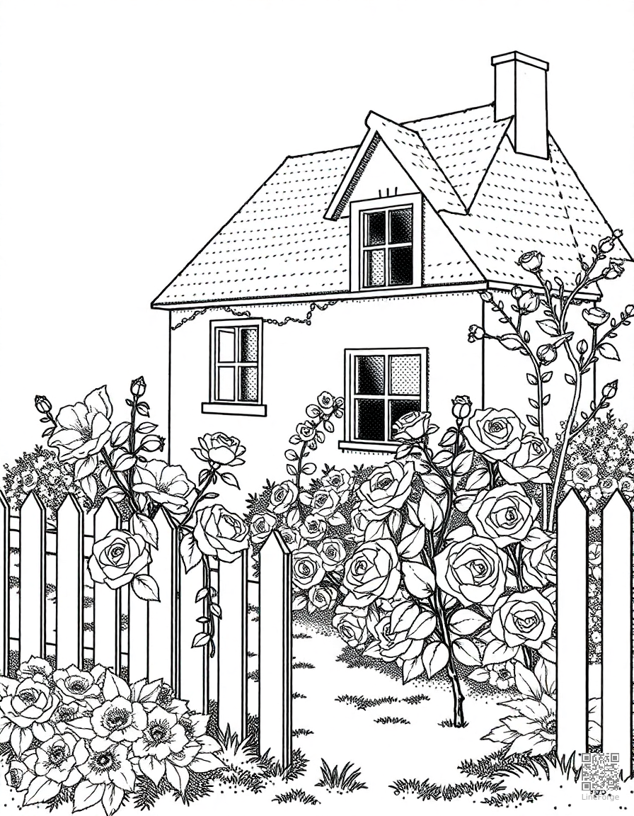 Free cottage garden with roses and a picket fence coloring page in stipple style — printable line art