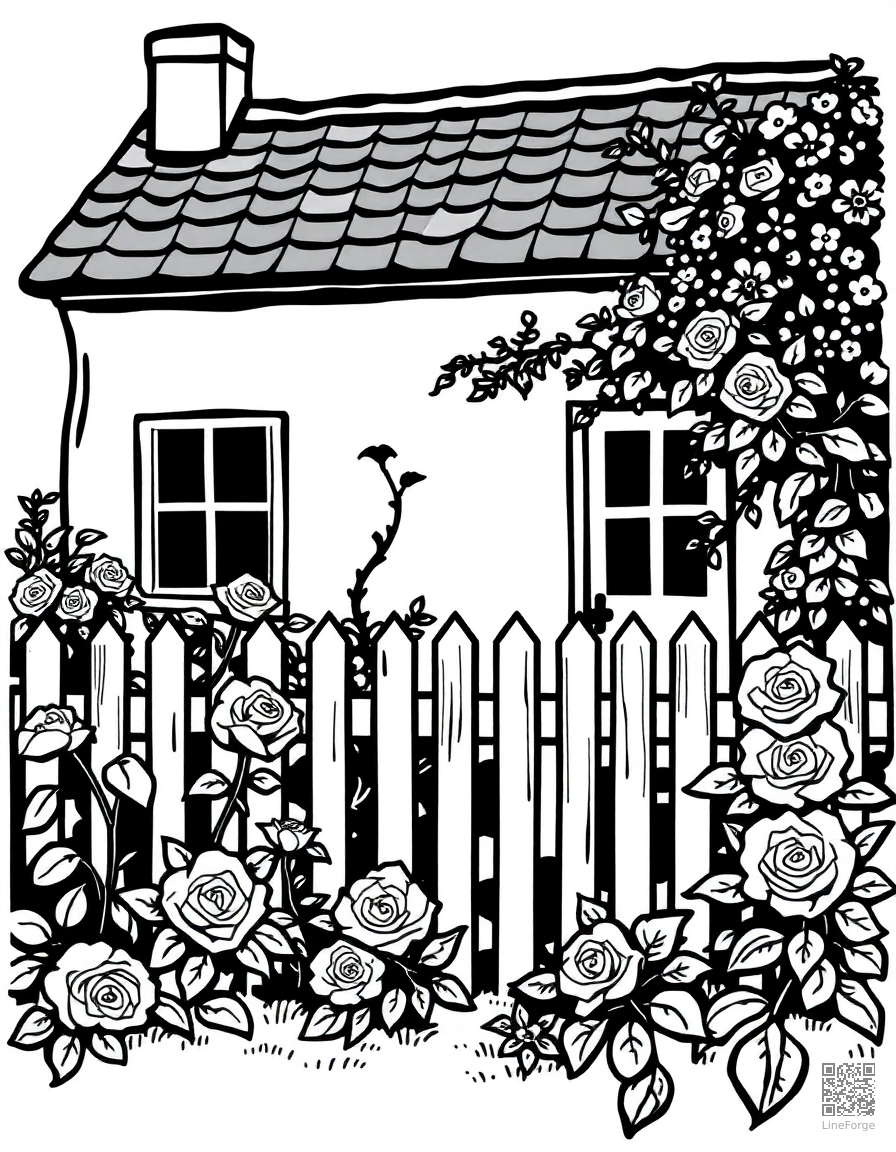 Cottage garden with roses and a picket fence coloring page Woodcut style - free printable