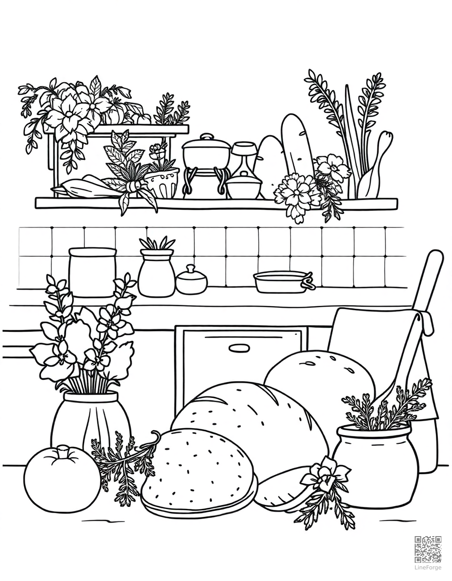 cottagecore kitchen with herbs and bread coloring page Contour style - free printable