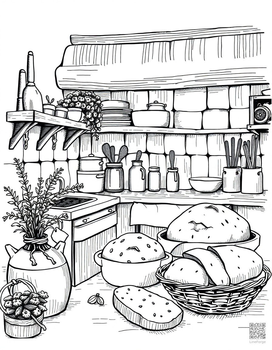 Free cottagecore kitchen with herbs and bread coloring page in crosshatch style — printable line art