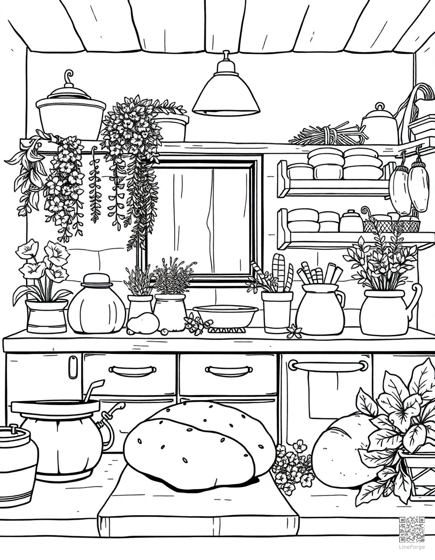 Free cottagecore kitchen with herbs and bread coloring page in manga style — printable line art