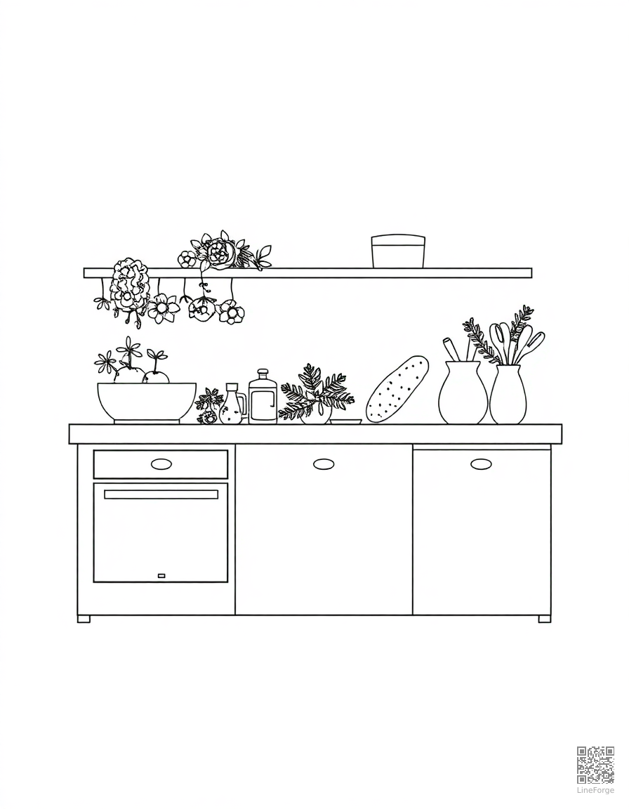 Free cottagecore kitchen with herbs and bread coloring page in minimal style — printable line art