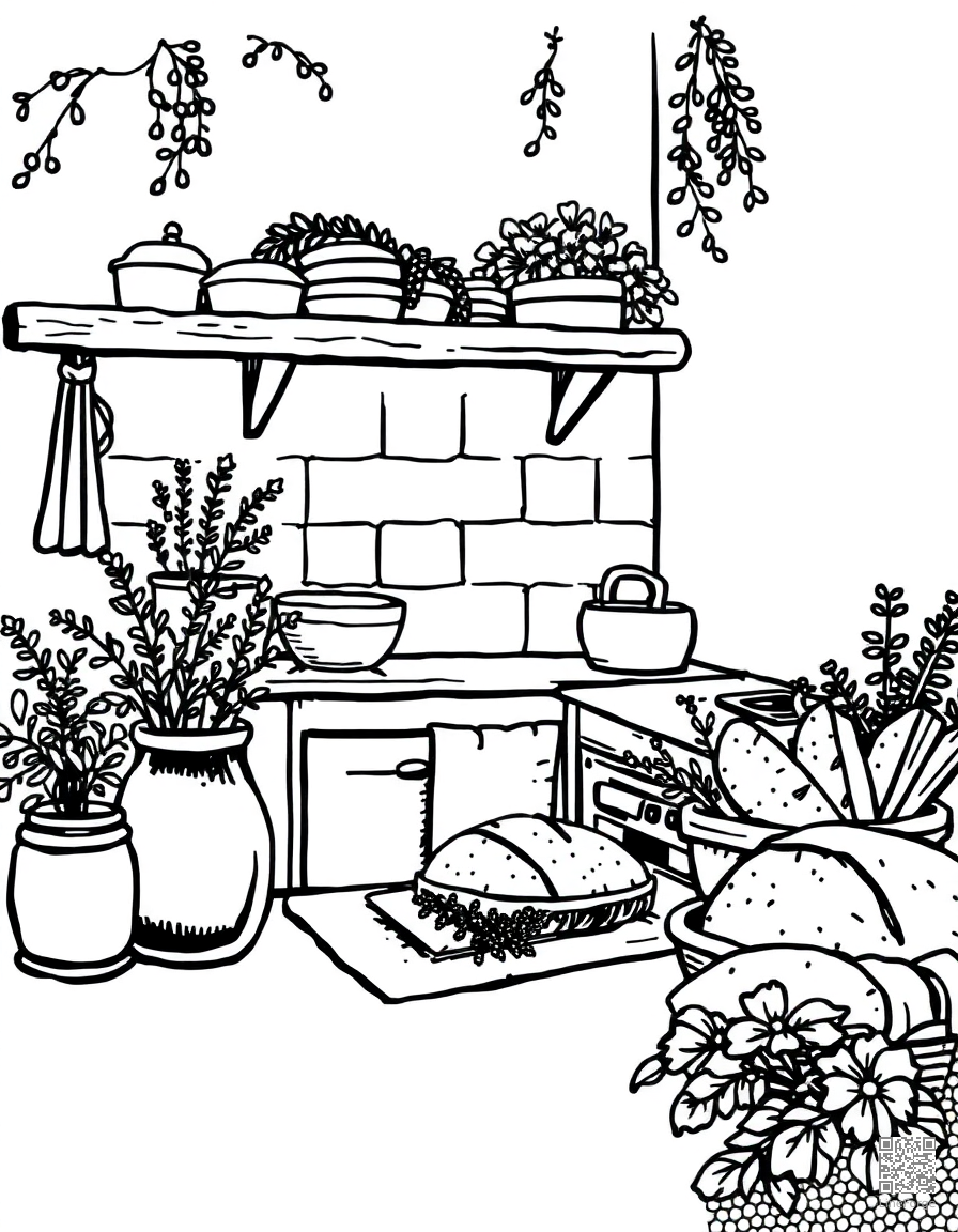 Free cottagecore kitchen with herbs and bread coloring page in stipple style — printable line art