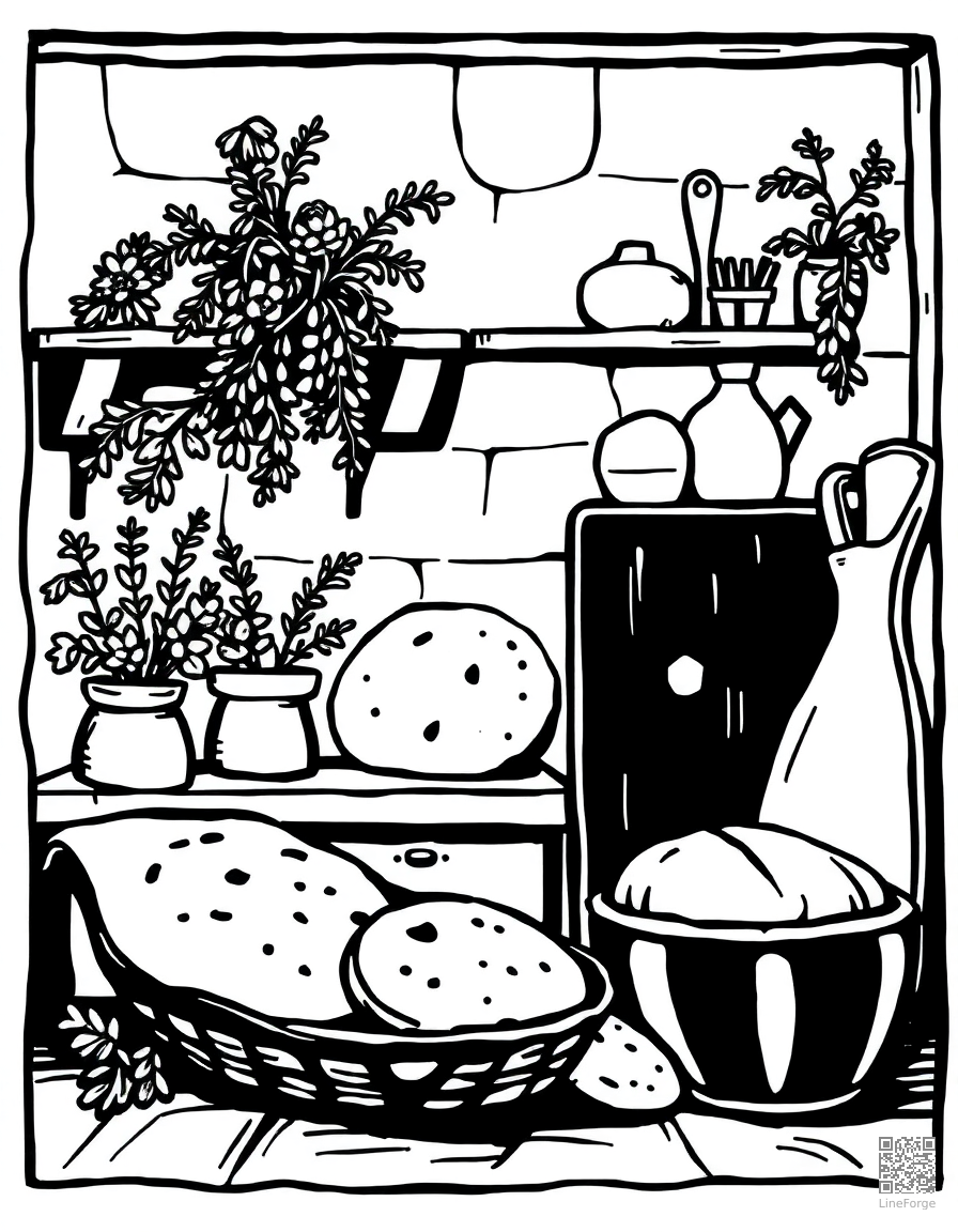 Free cottagecore kitchen with herbs and bread coloring page in woodcut style — printable line art