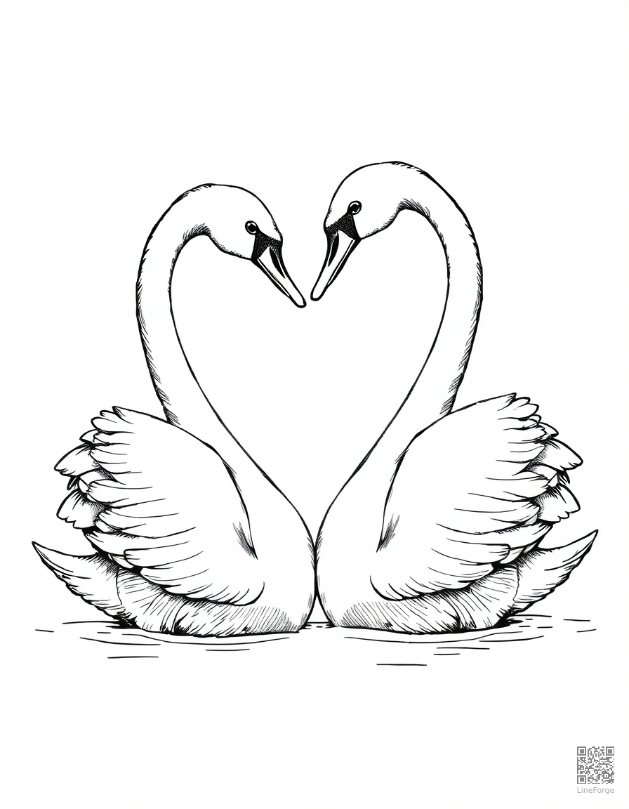 couple of swans forming a heart shape coloring page Crosshatch style - free printable