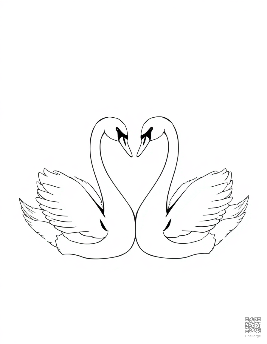 couple of swans forming a heart shape coloring page Manga style - free printable