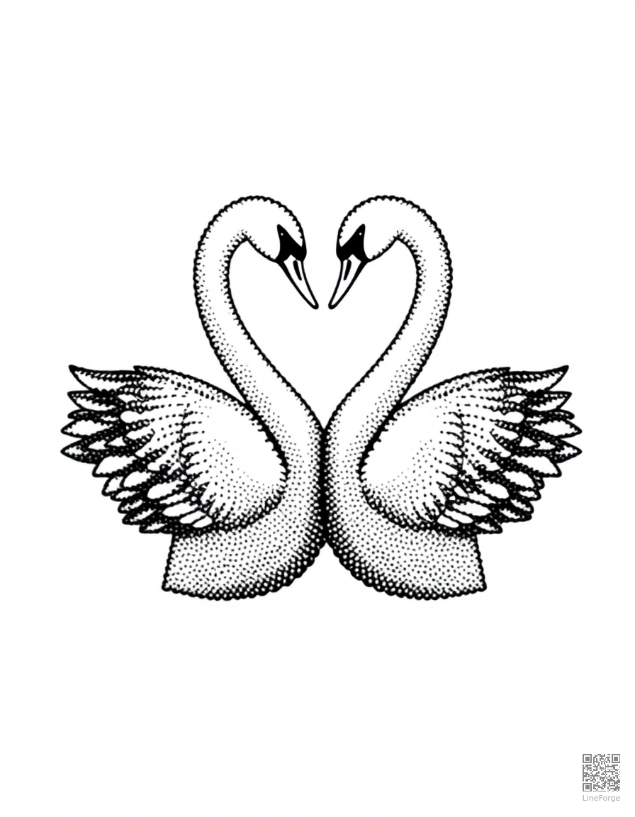 couple of swans forming a heart shape coloring page Stipple style - free printable
