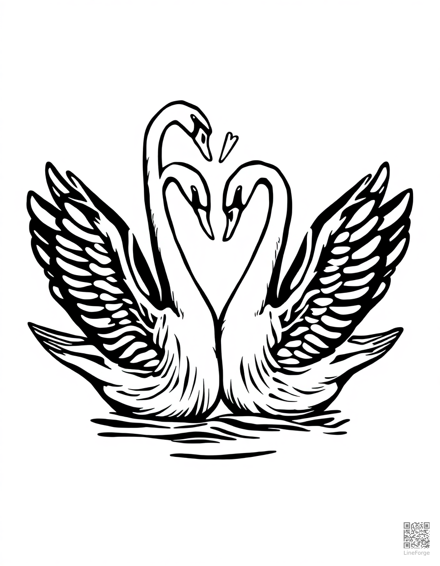 couple of swans forming a heart shape coloring page Woodcut style - free printable