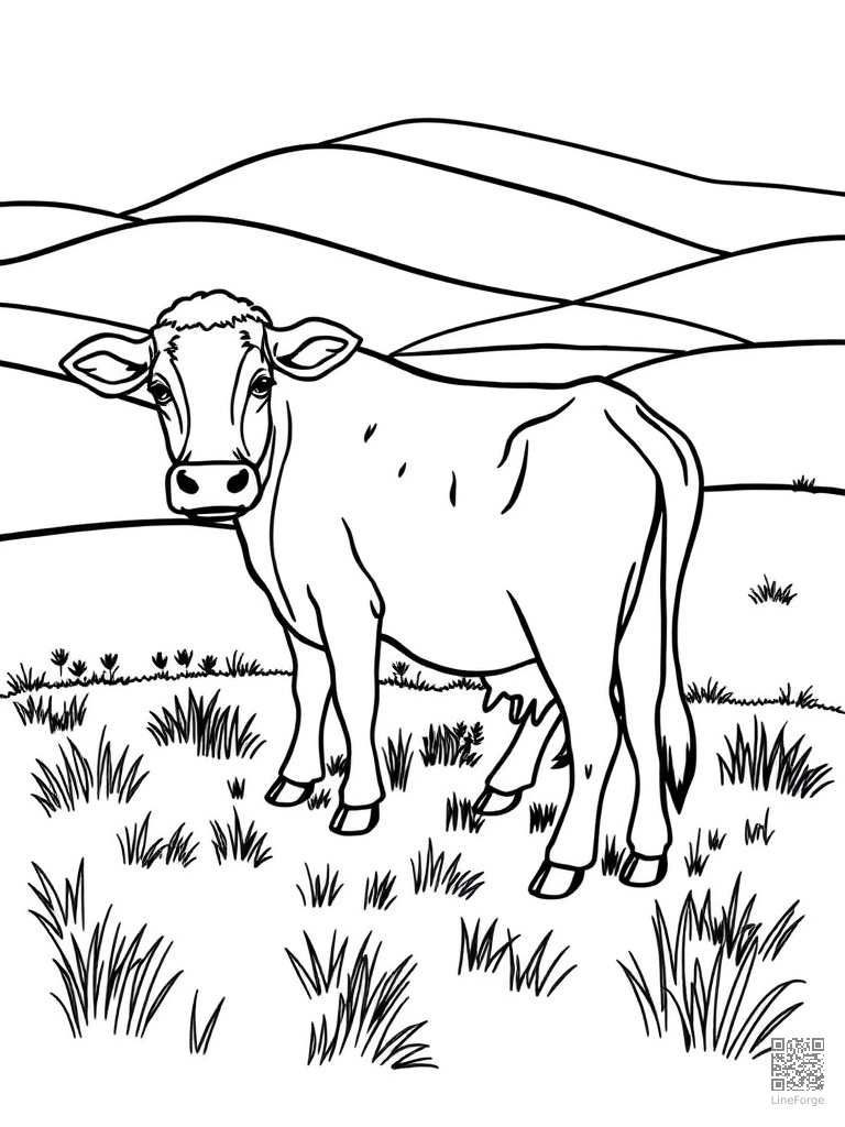 Free cow grazing in a green pasture with rolling hills coloring page in contour style — printable line art