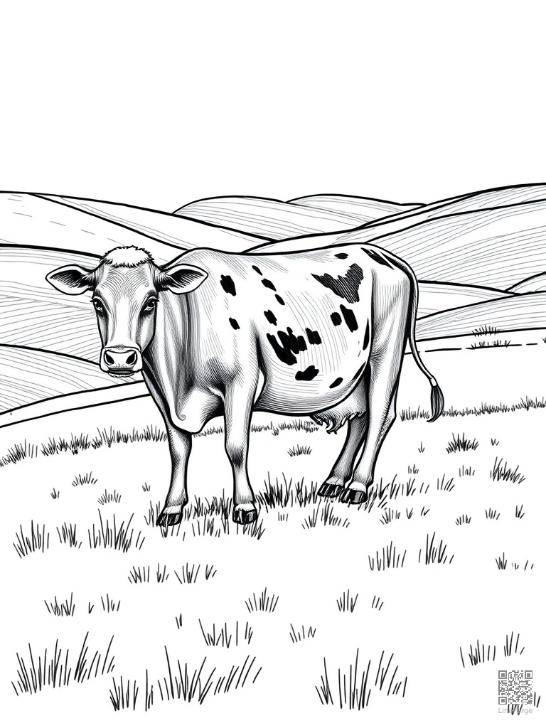Free cow grazing in a green pasture with rolling hills coloring page in crosshatch style — printable line art