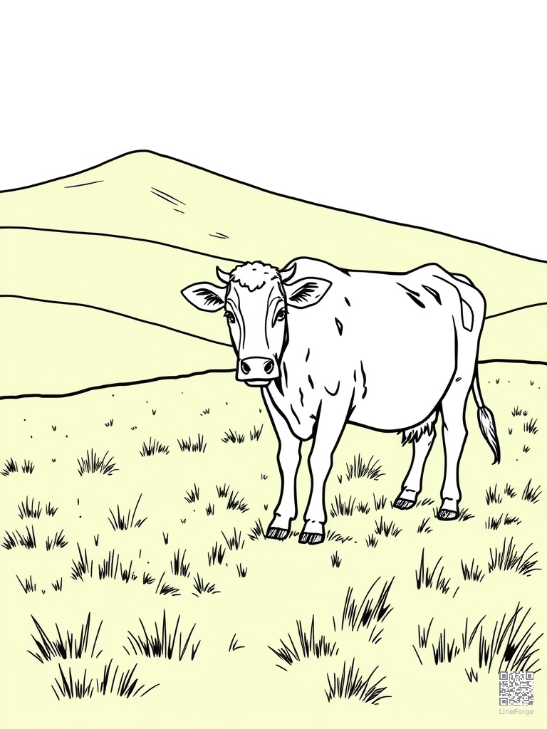 Free cow grazing in a green pasture with rolling hills coloring page in manga style — printable line art