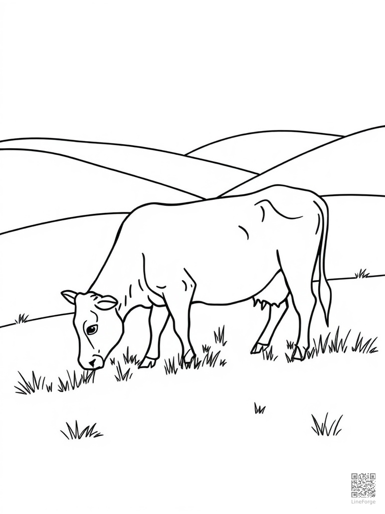 Free cow grazing in a green pasture with rolling hills coloring page in minimal style — printable line art