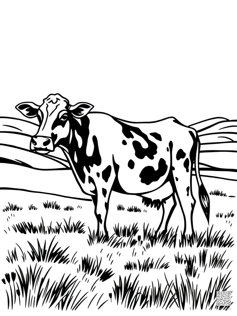 Free cow grazing in a green pasture with rolling hills coloring page in woodcut style — printable line art