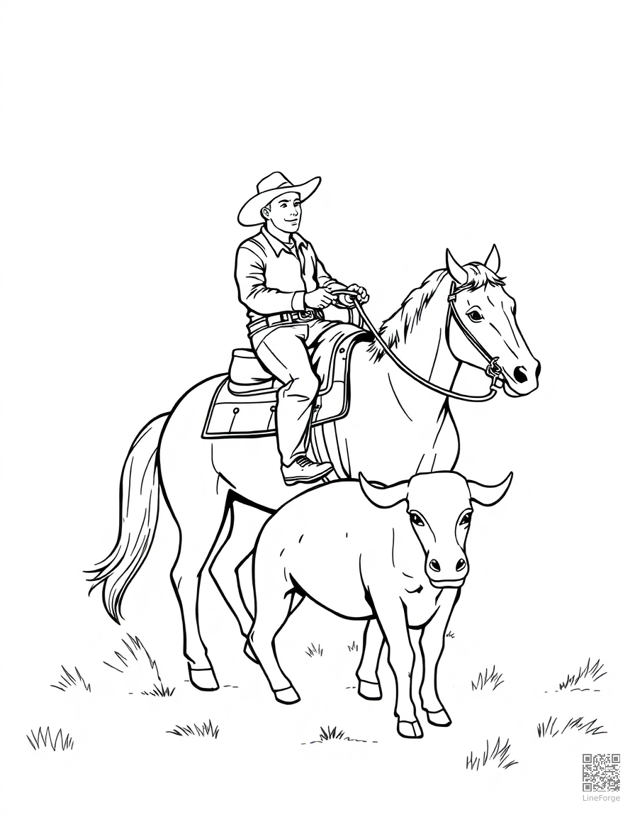 cowboy on a horse roping a calf coloring page Contour style - free printable