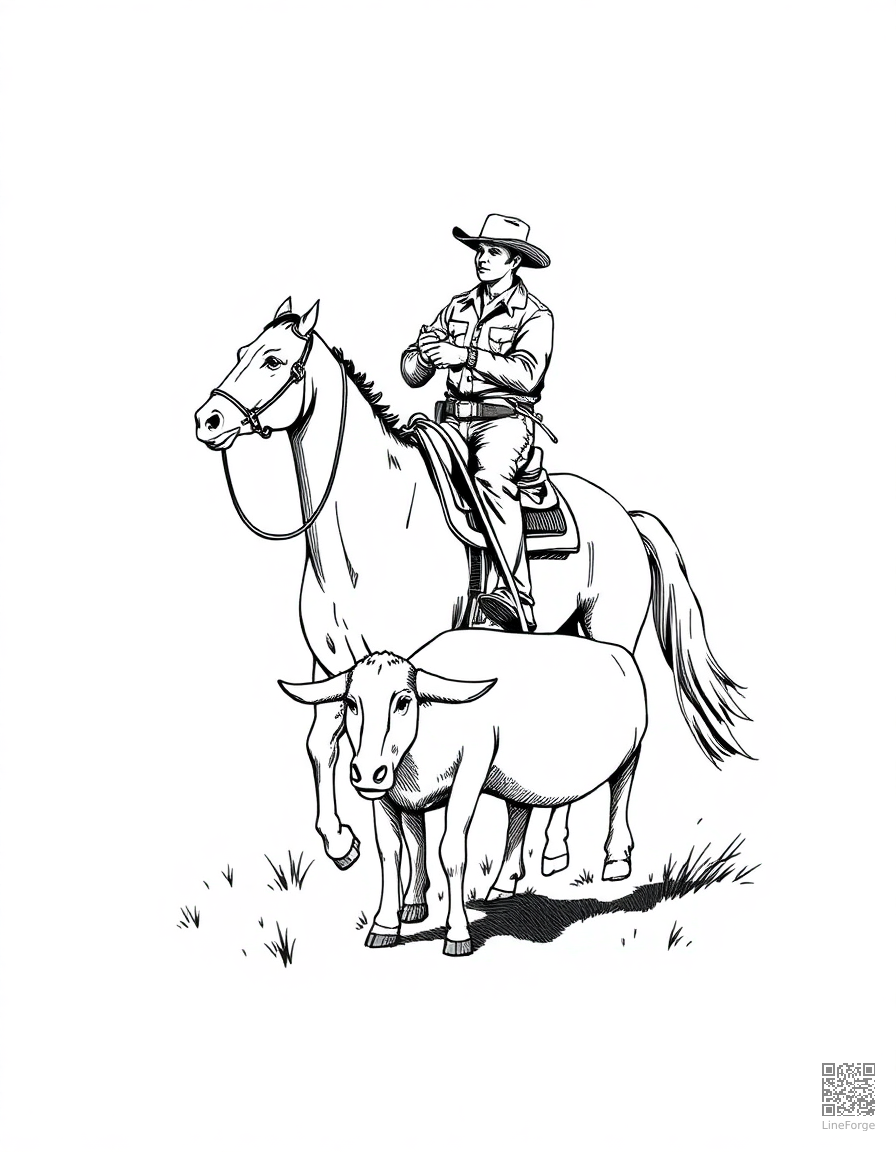 cowboy on a horse roping a calf coloring page Crosshatch style - free printable