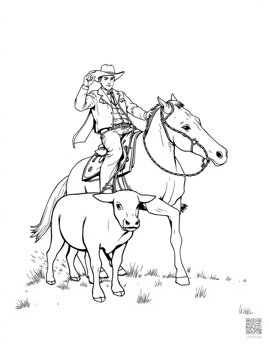 cowboy on a horse roping a calf coloring page Manga style - free printable