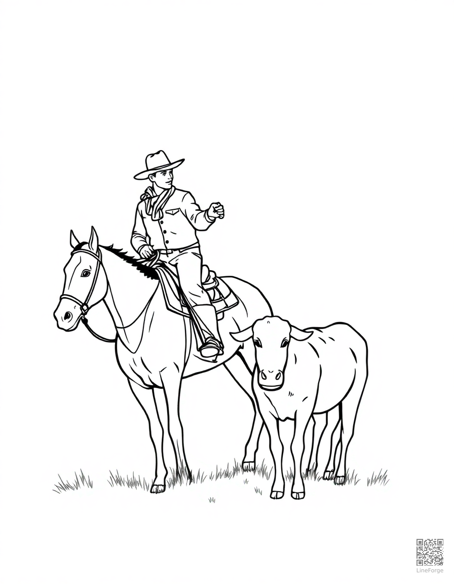 cowboy on a horse roping a calf coloring page Minimal style - free printable