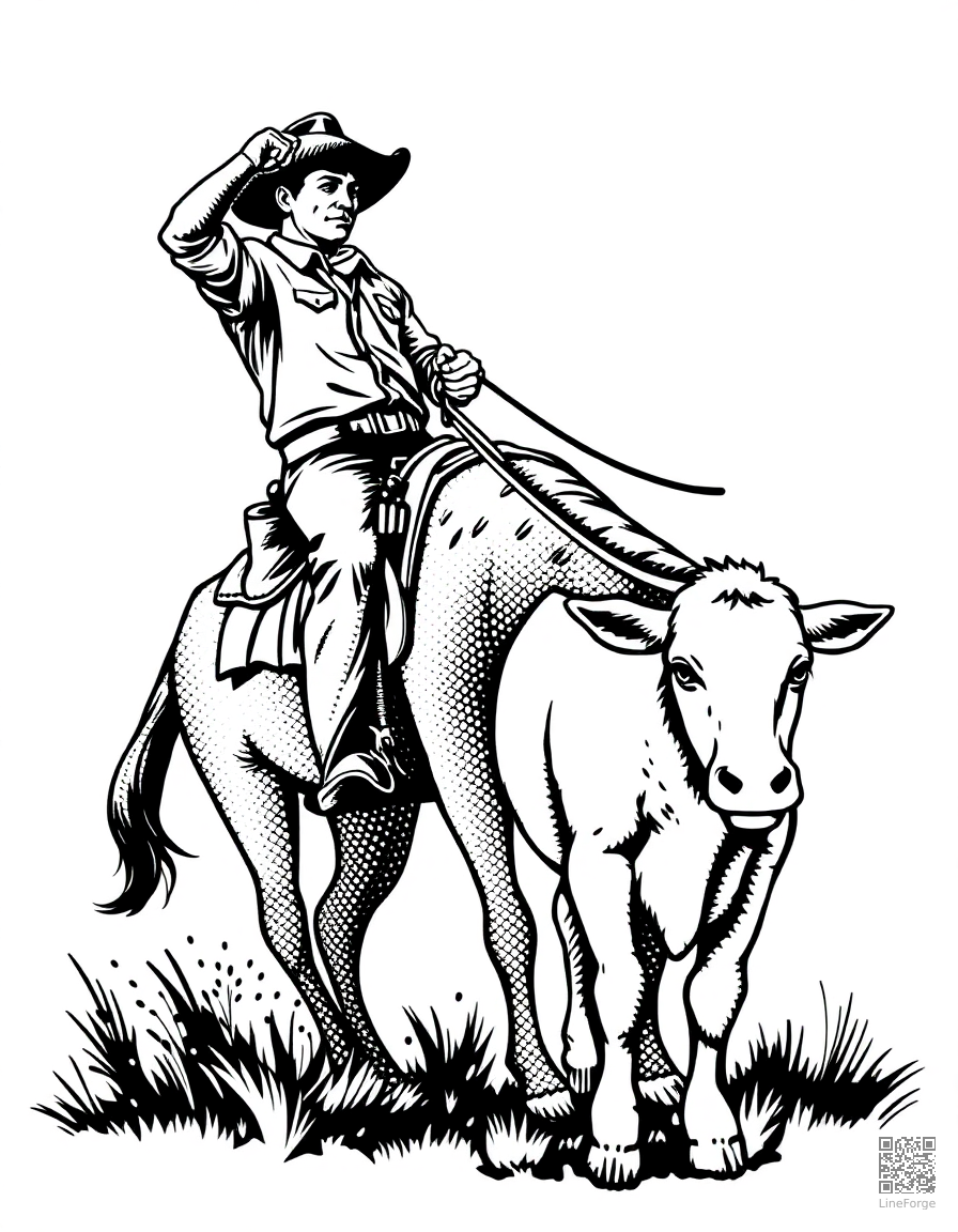 cowboy on a horse roping a calf coloring page Stipple style - free printable