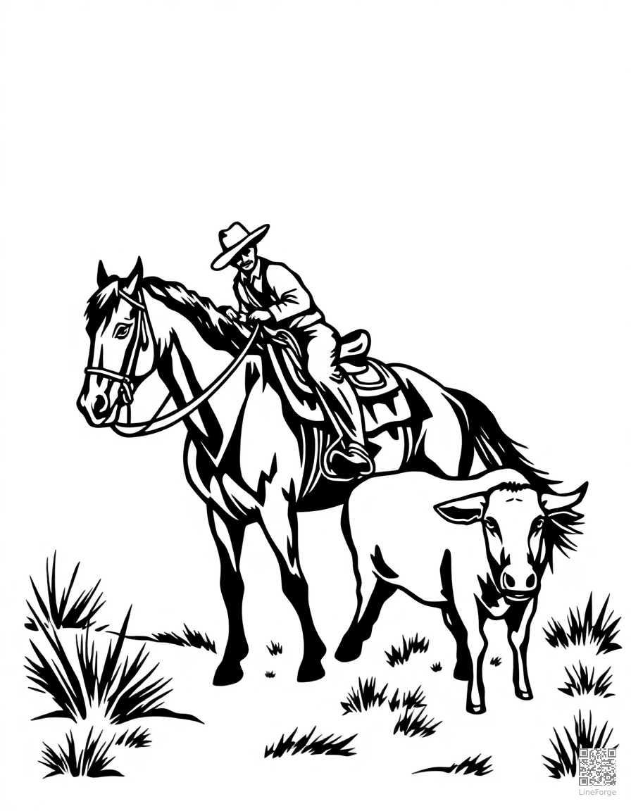 cowboy on a horse roping a calf coloring page Woodcut style - free printable