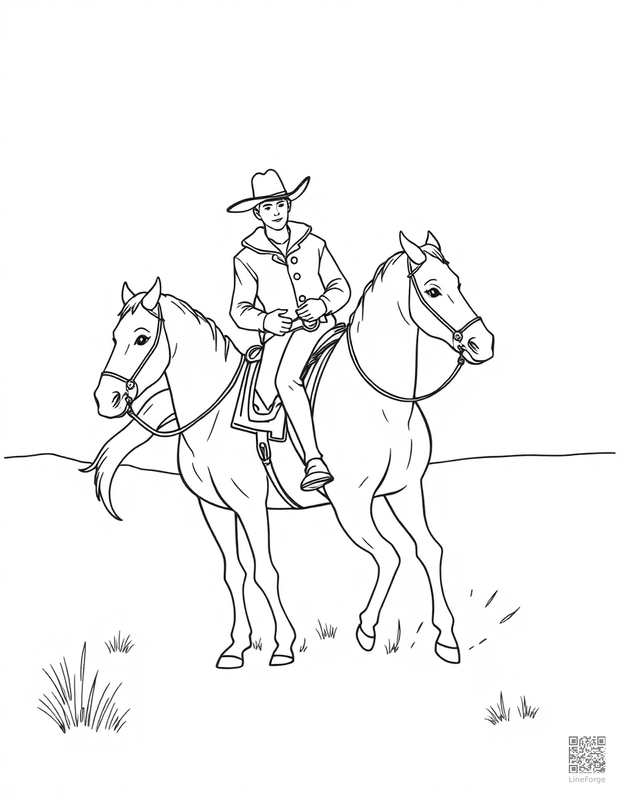Cowboy riding a horse in the desert coloring page Contour style - free printable