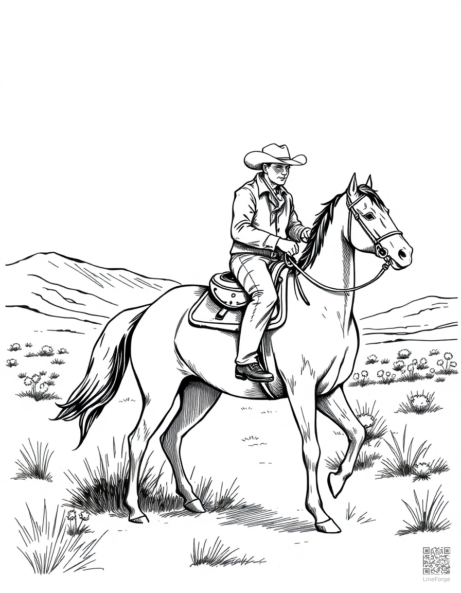 Cowboy riding a horse in the desert coloring page Crosshatch style - free printable