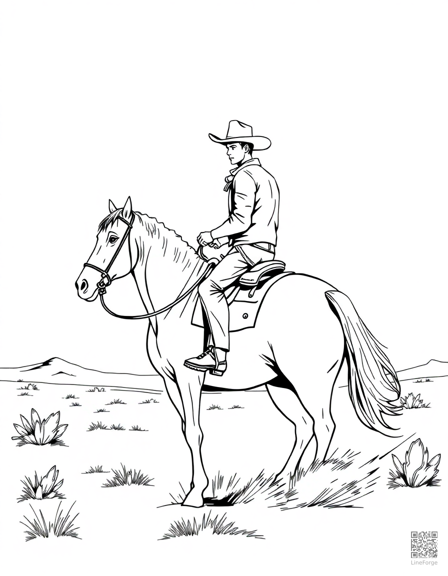 Cowboy riding a horse in the desert coloring page Manga style - free printable