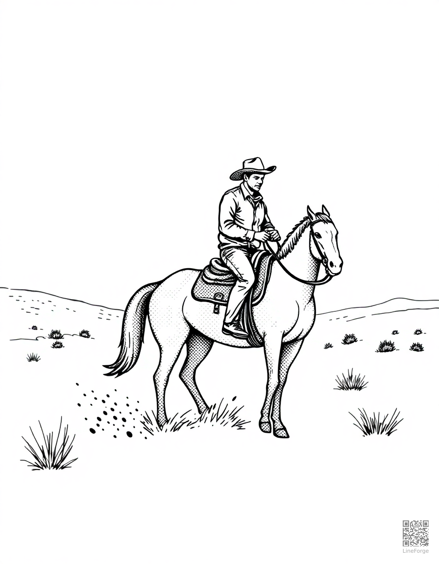 Cowboy riding a horse in the desert coloring page Stipple style - free printable