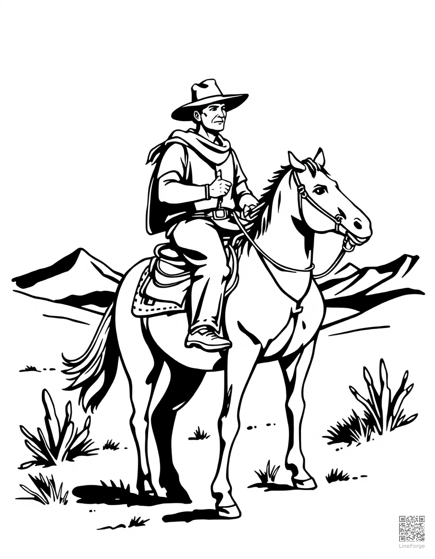 Cowboy riding a horse in the desert coloring page Woodcut style - free printable