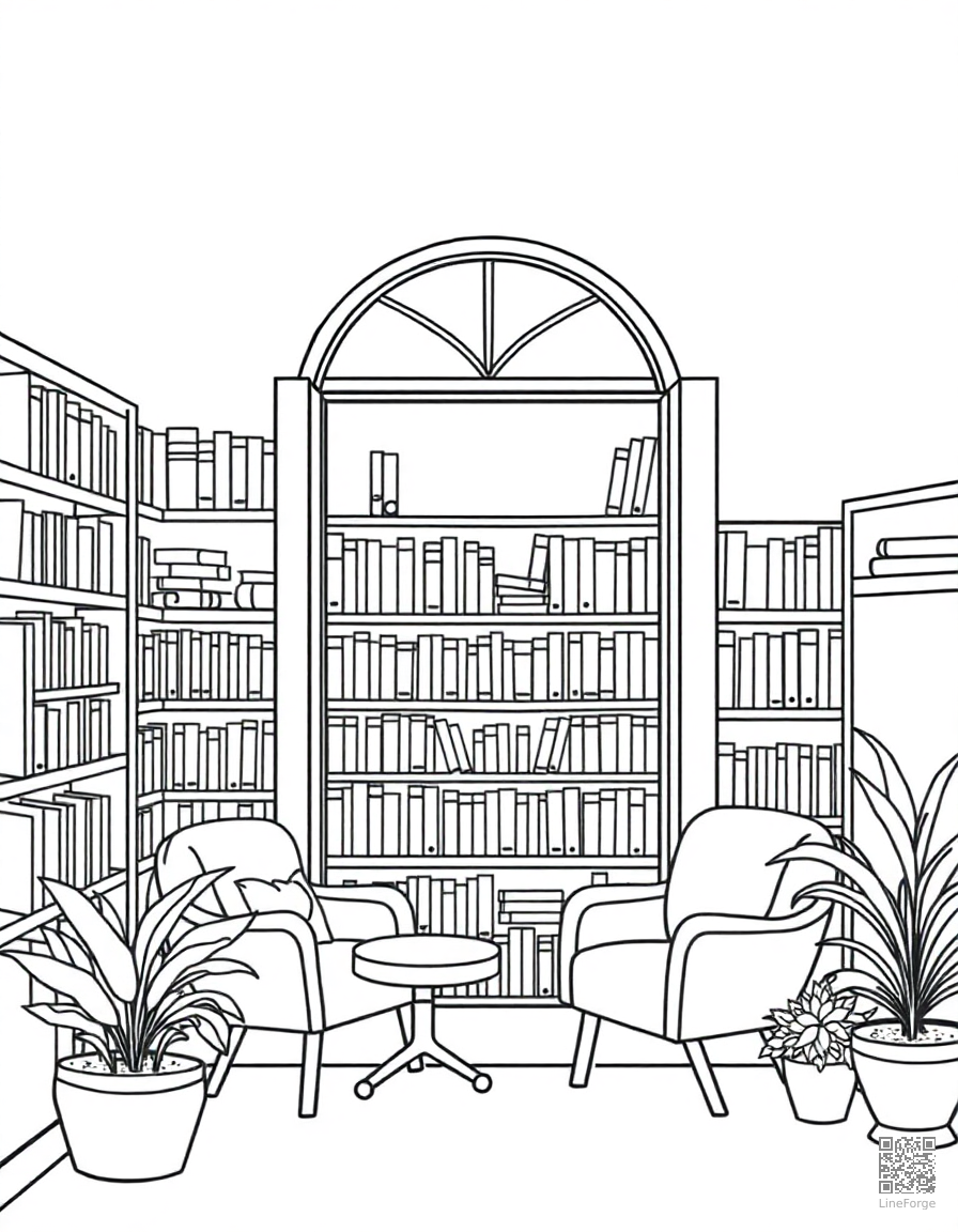 cozy bookstore with reading nook coloring page Contour style - free printable