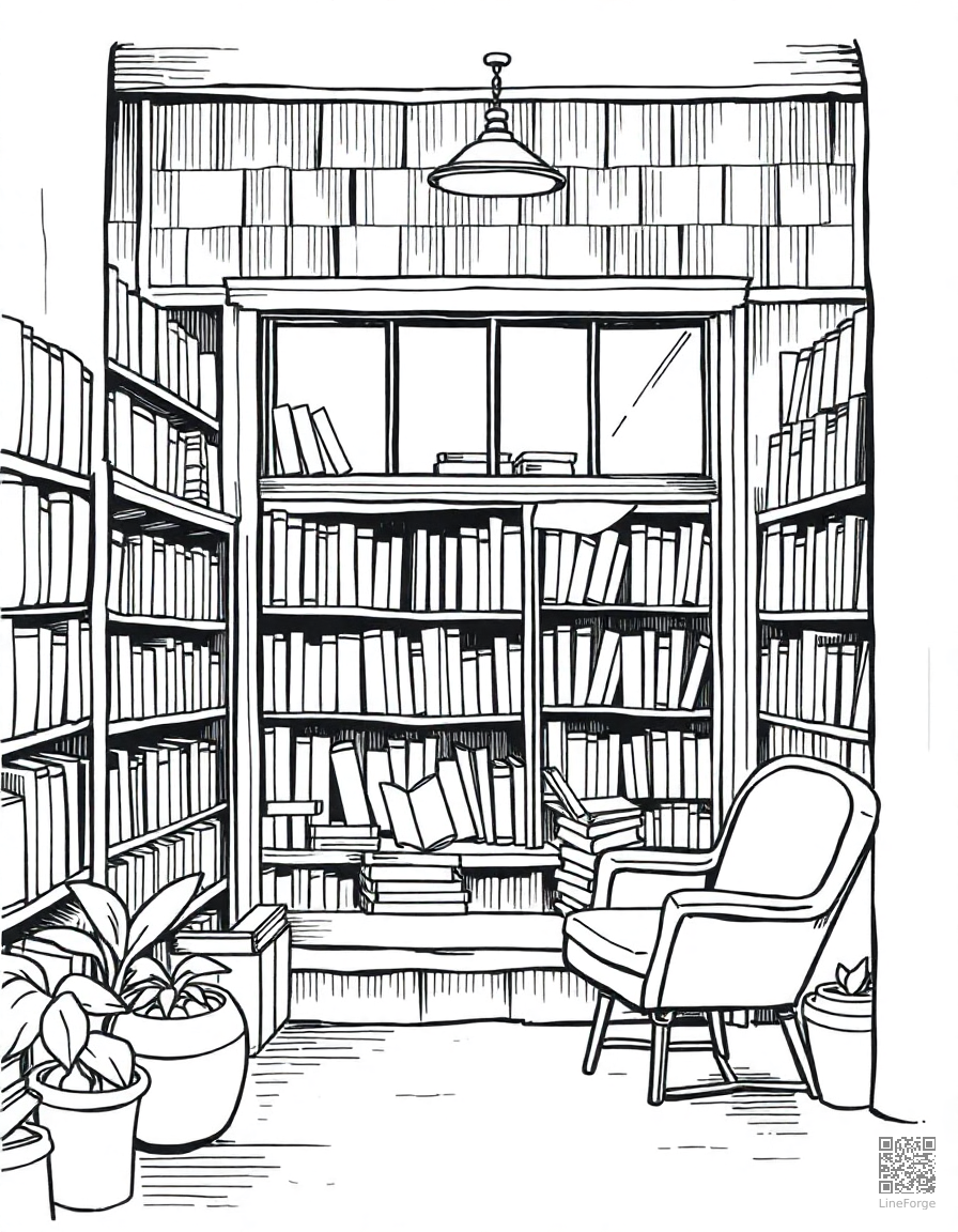 cozy bookstore with reading nook coloring page Crosshatch style - free printable