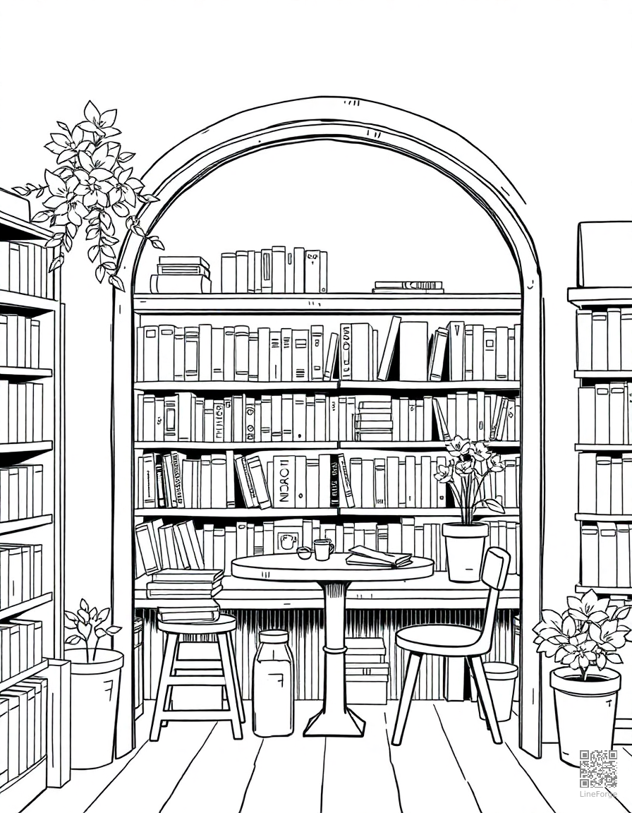 cozy bookstore with reading nook coloring page Manga style - free printable