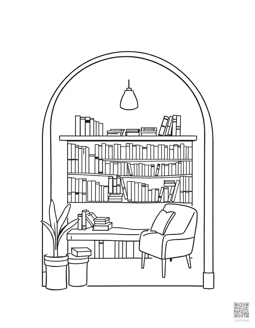 cozy bookstore with reading nook coloring page Minimal style - free printable