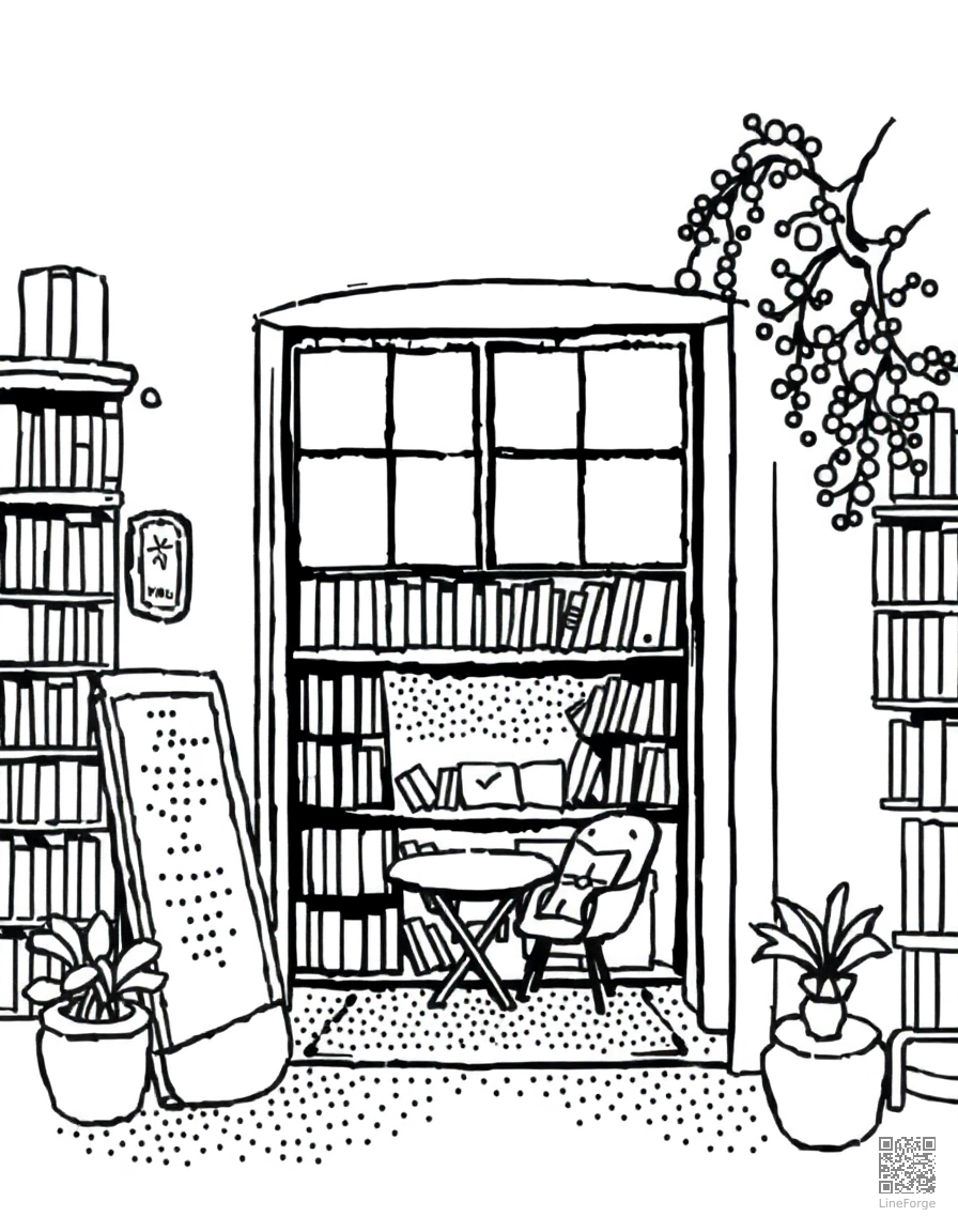 cozy bookstore with reading nook coloring page Stipple style - free printable