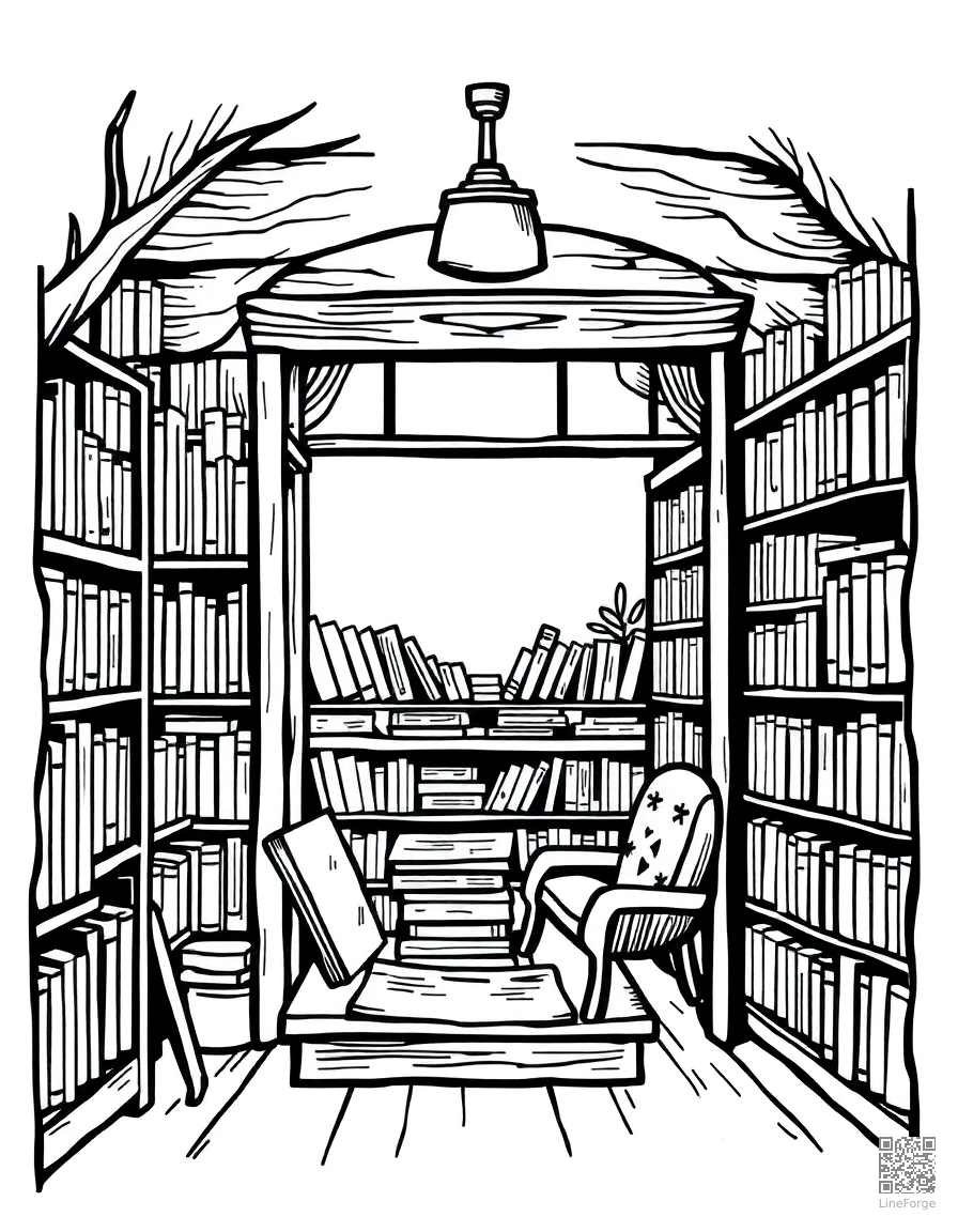 cozy bookstore with reading nook coloring page Woodcut style - free printable