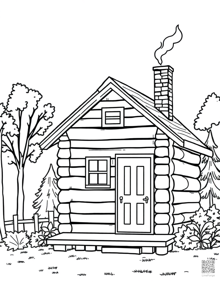 cozy cabin with smoke from chimney in autumn coloring page Contour style - free printable