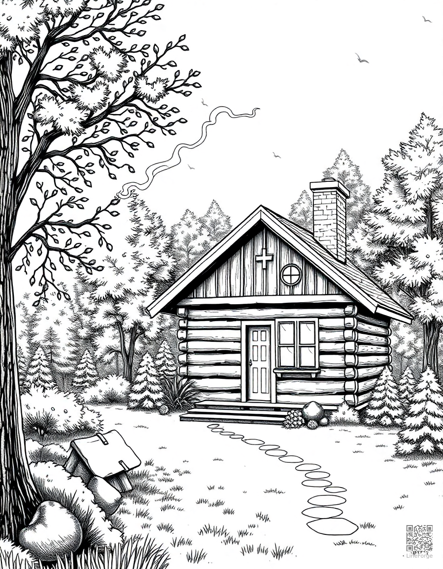 cozy cabin with smoke from chimney in autumn coloring page Crosshatch style - free printable