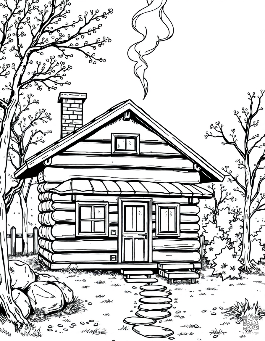 cozy cabin with smoke from chimney in autumn coloring page Manga style - free printable