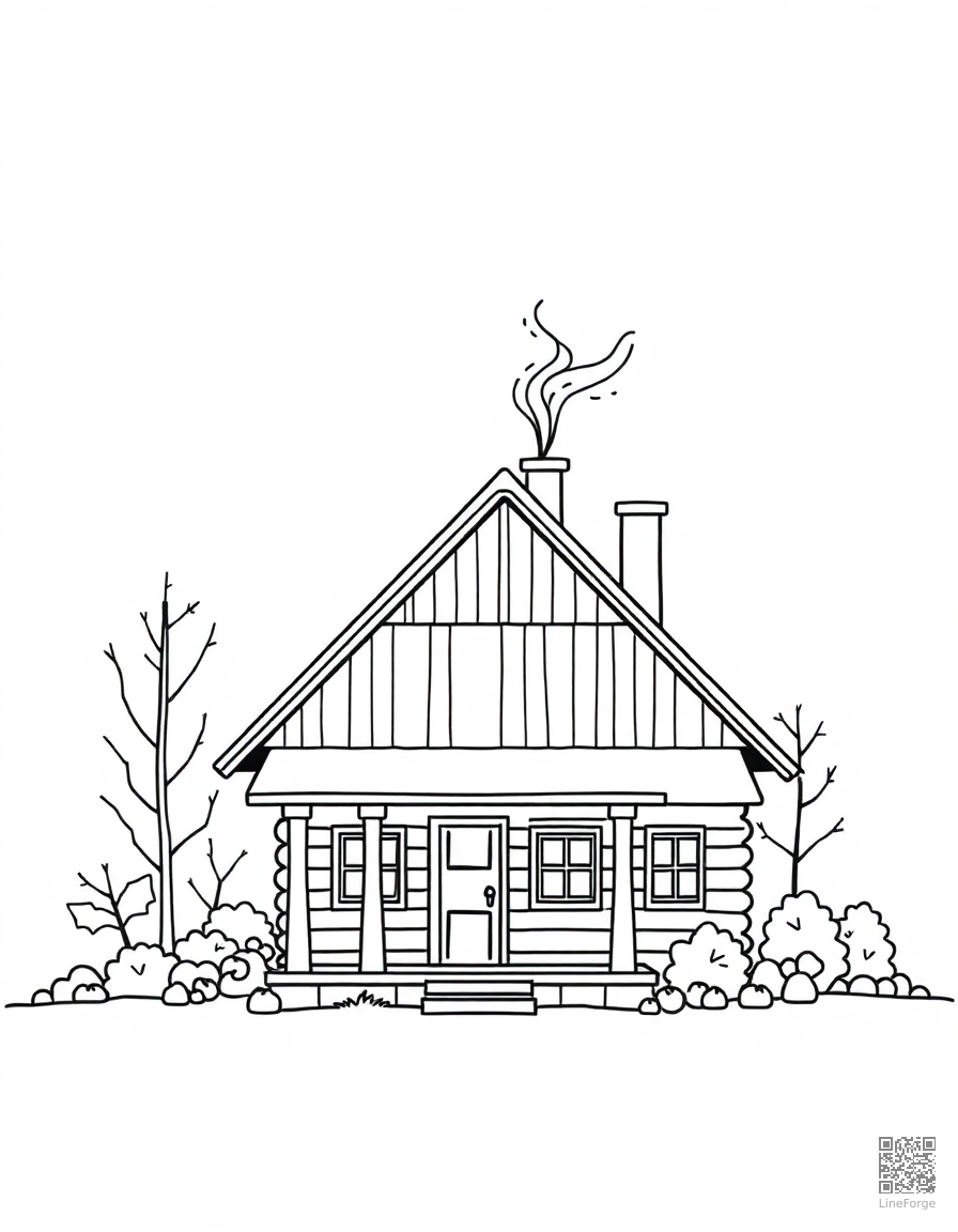 cozy cabin with smoke from chimney in autumn coloring page Minimal style - free printable