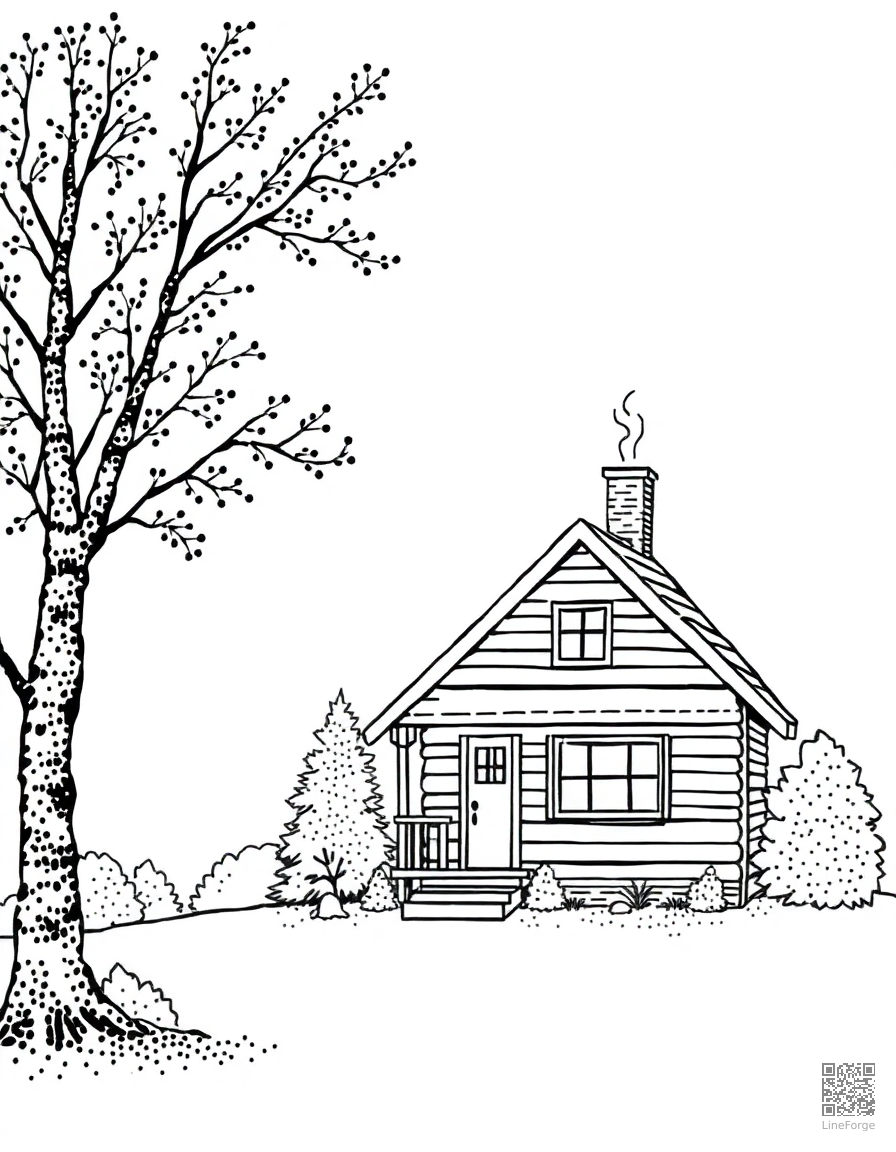 cozy cabin with smoke from chimney in autumn coloring page Stipple style - free printable