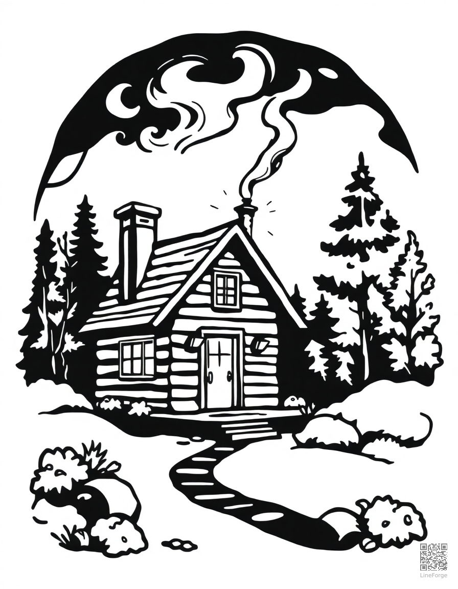 cozy cabin with smoke from chimney in autumn coloring page Woodcut style - free printable