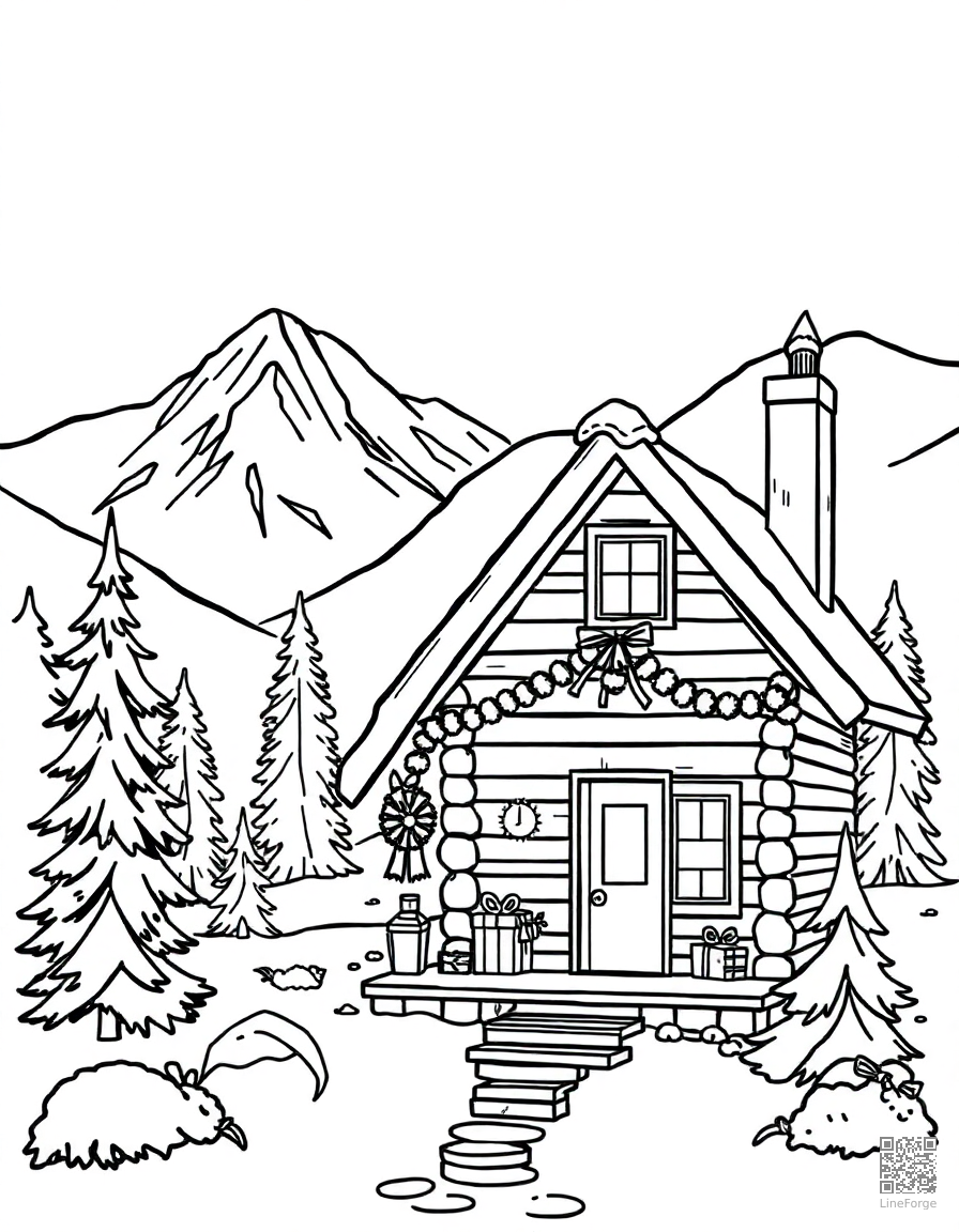 cozy christmas cabin in the mountains coloring page Contour style - free printable